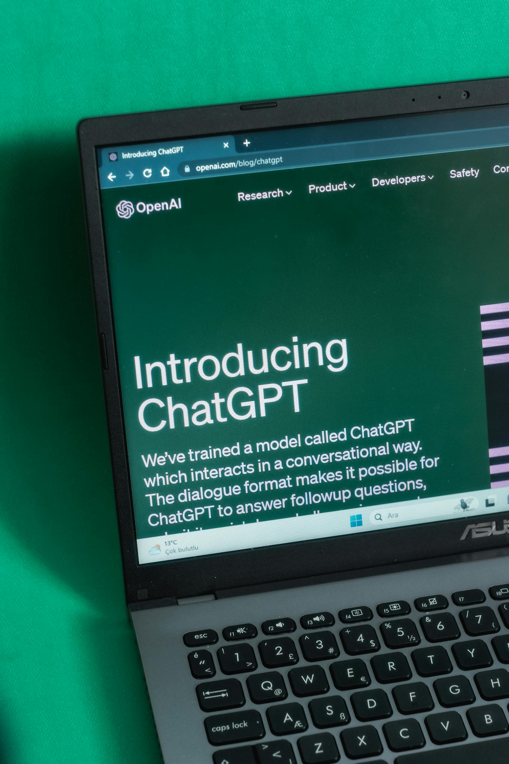 AI Fundamentals Course 2 Laptop screen displaying the introductory page of ChatGPT on OpenAI's website. One of the tools to be used in our AI fundamentals course