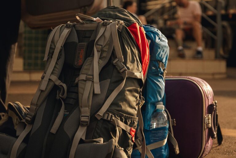 Backpacks and luggage ready for an outdoor travel adventure, capturing the spirit of exploration.